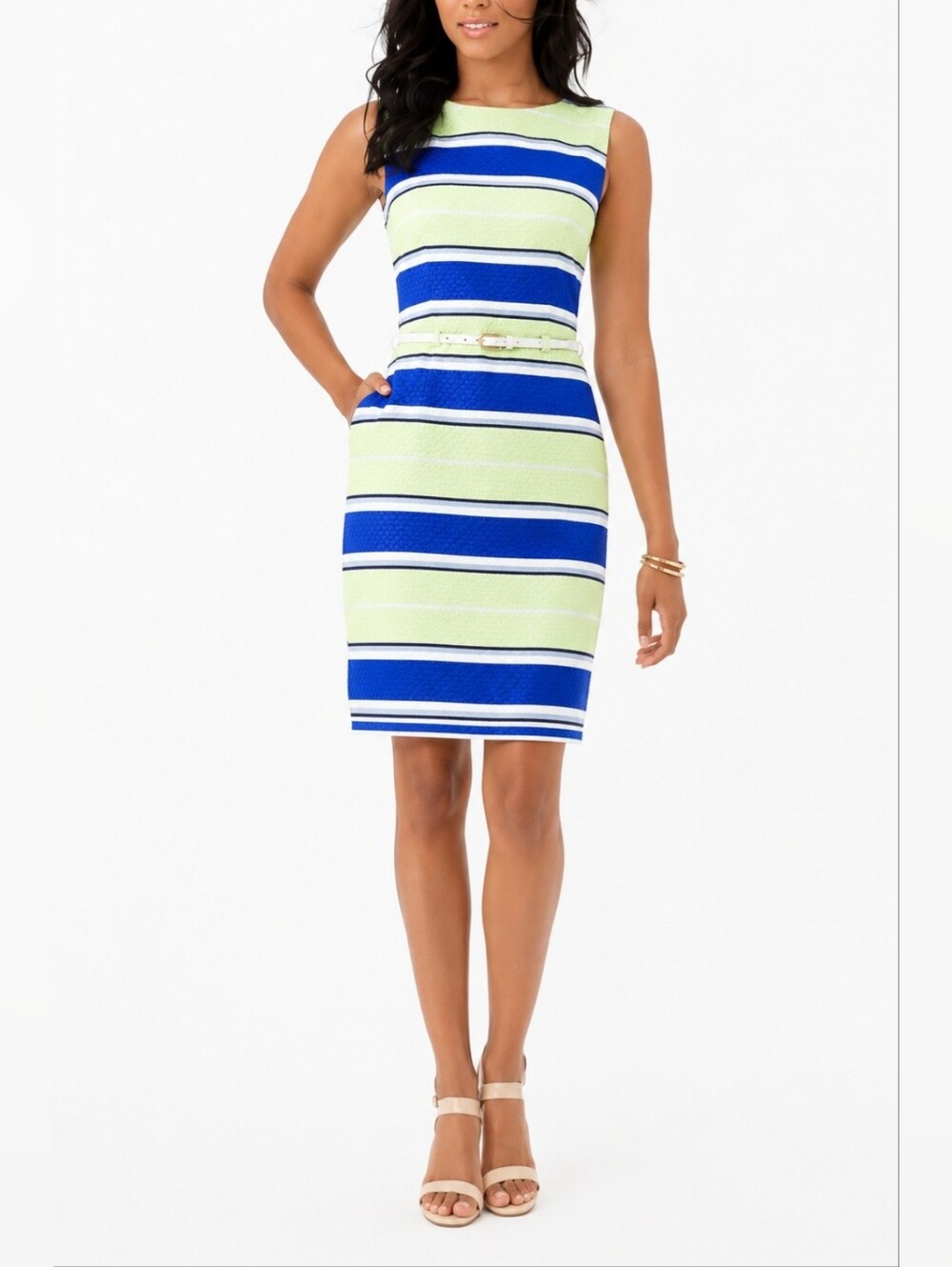 The Limited Blue Green Striped Textured Sheath Dress Belted Size 0 NWT